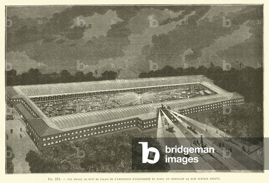 Vue Ideale De Nuit Du Palais De L'Exposition D'Electricite De Paris, En Supposant Le Toit Central Enleve (engraving)