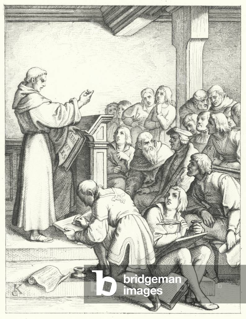 Martin Luther in a philosophy and theology lecture for his Bachelor's degree (engraving)
