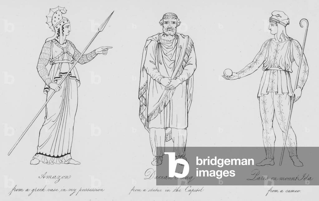 Amazon, from a Greek vase in my possession, Dacian King, from a statue in the Capitol, Paris on mount Ida, from a cameo (engraving)