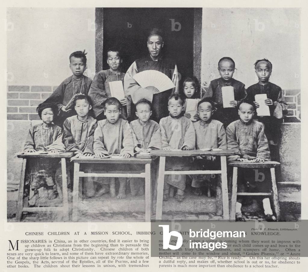 Chinese children at a Mission School, imbibing Christianity and other Western knowledge (b/w photo)
