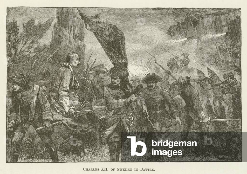 Charles XII of Sweden in Battle (engraving)