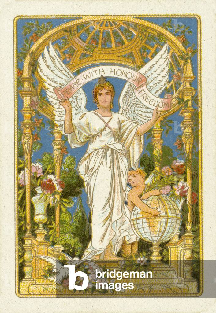 Angel holding a banner, saying Peace With Honour And Freedom (colour litho)