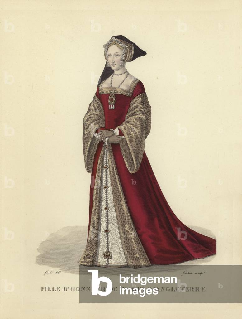 Maid of Honour of Mary Tudor, third wife of King Louis XII of France (coloured engraving)