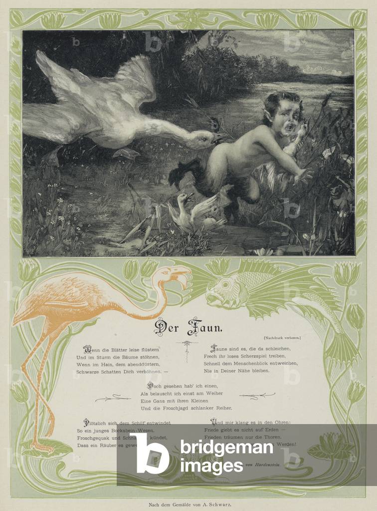 Goose chasing a faun (coloured engraving)