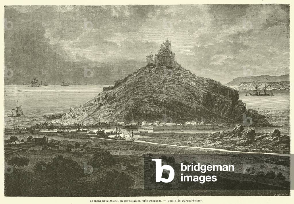 Le mont Saint-Michel en Cornouailles, pres Penzance (engraving)