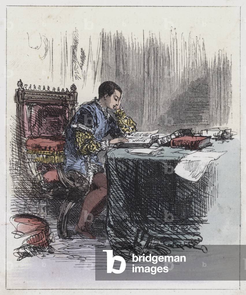 Edward VI, at his Studies (coloured engraving)