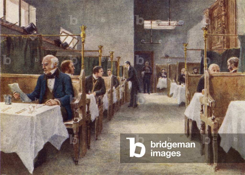 Dining-room of Cock Tavern, Fleet Street, destroyed 1886 (colour litho)