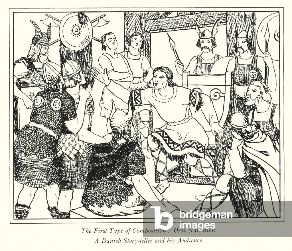 The First Type of Composition, Oral Narration, A Danish Story-teller and his Audience (litho)