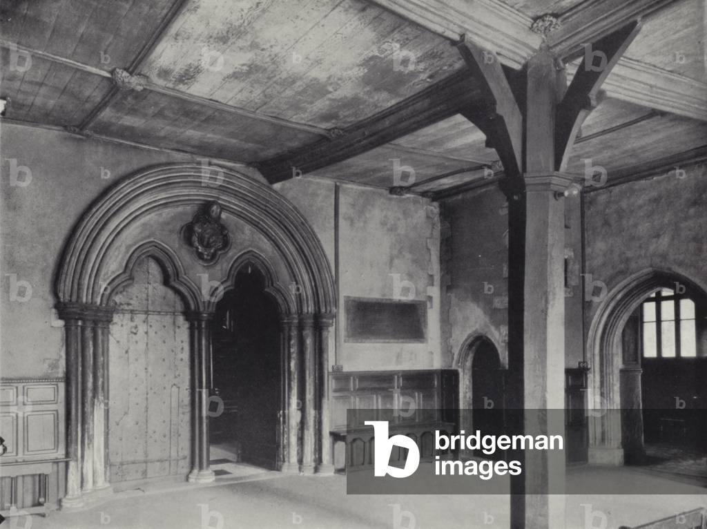 Lambeth, Lambeth Palace, 'Post Room' in Lollard's Tower, c 1435, with West doorway of Chapel, early 13th-century (b/w photo)