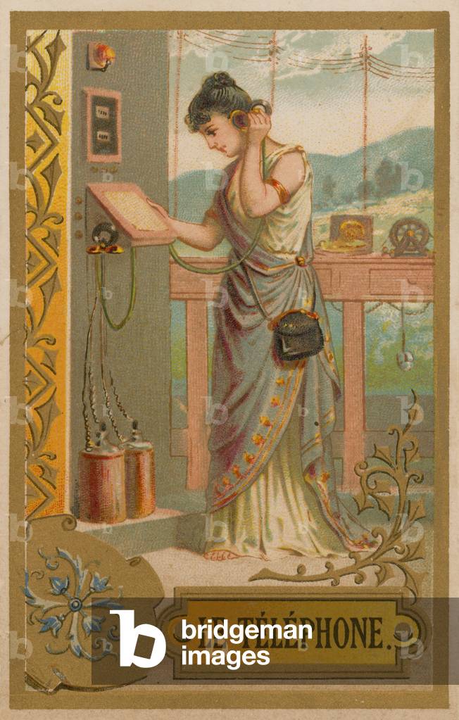 Woman using a very early telephone (chromolitho)