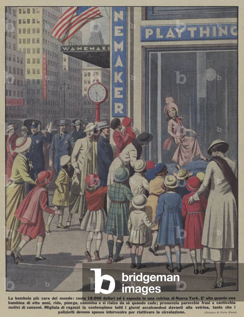 The world's most expensive doll, on display in a shop window of Wanamaker's department store in New York City (colour litho)