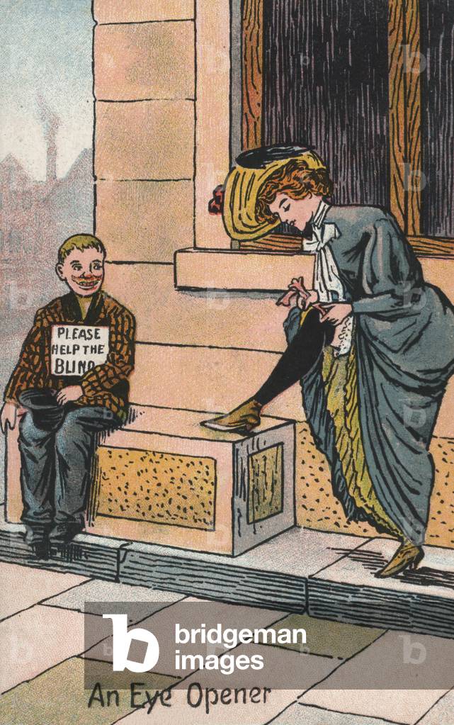 Woman tying her garter (colour litho)