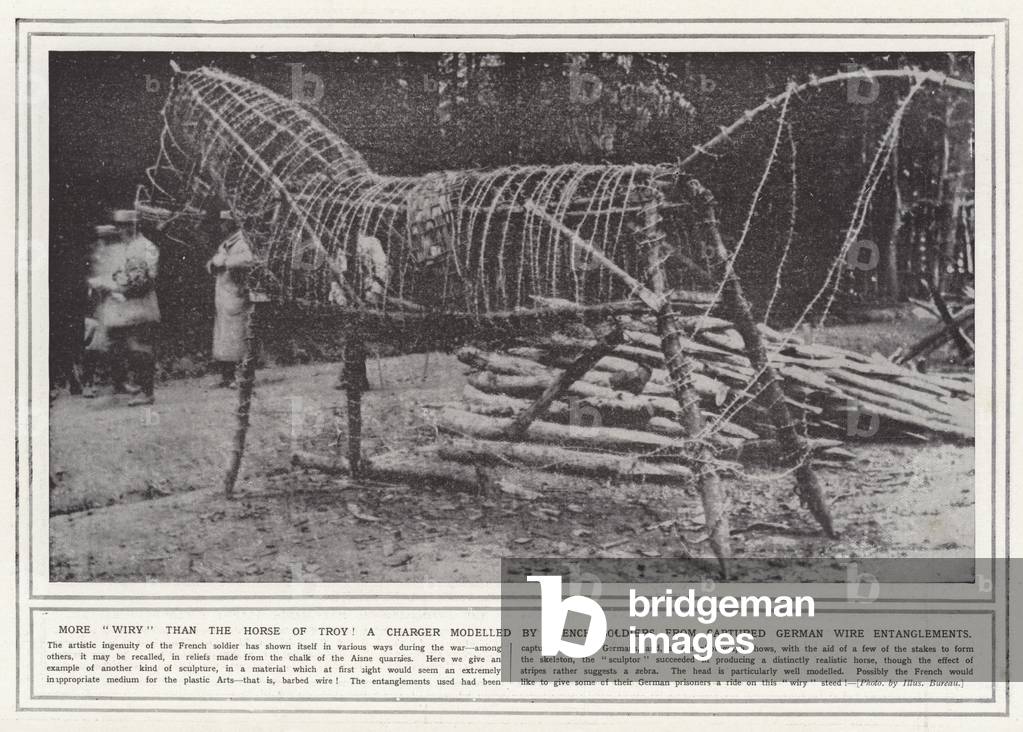 More wiry than the Horse of Troy! A charger modelled by French soldiers from captured German wire entanglements (b/w photo)