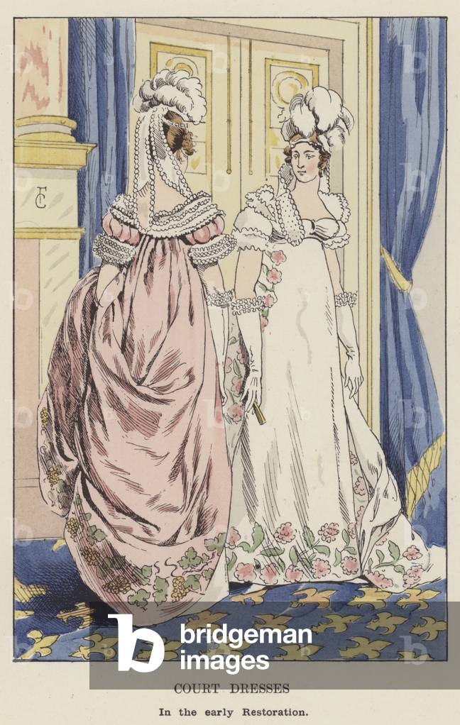 Court Dresses, in the early Restoration (colour litho)