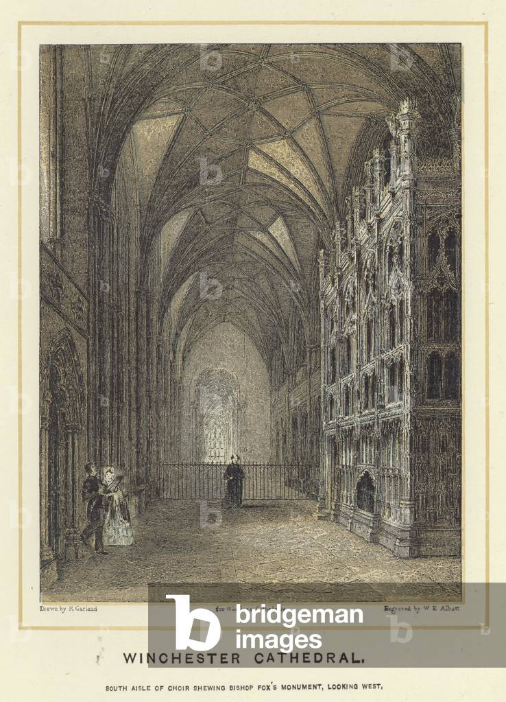Winchester Cathedral, south aisle of choir showing Bishop Fox's Monument, looking west (colour litho)