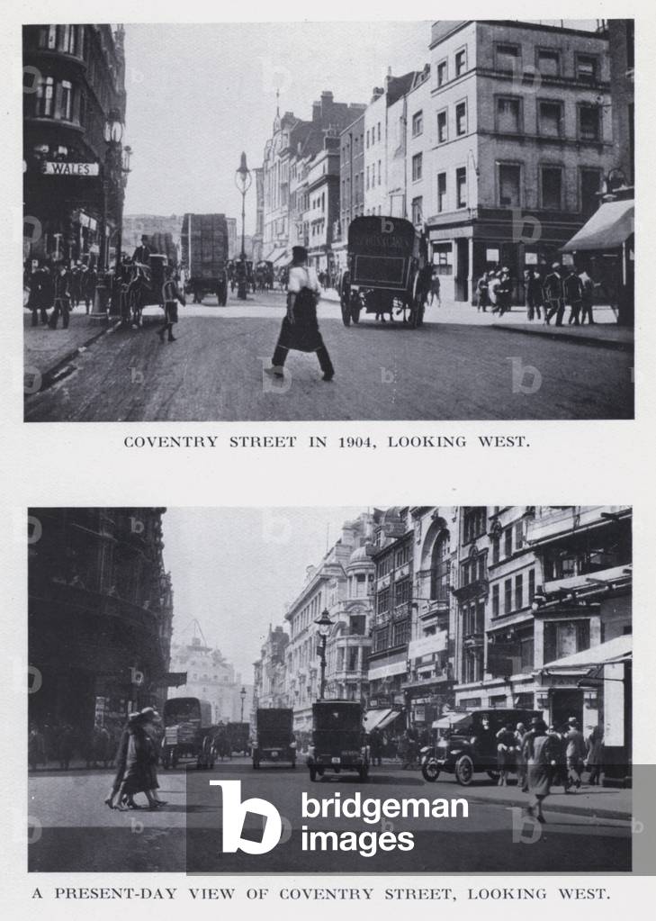 Coventry Street in 1904, looking west; A present-day view of Coventry Street, looking west (b/w photo)