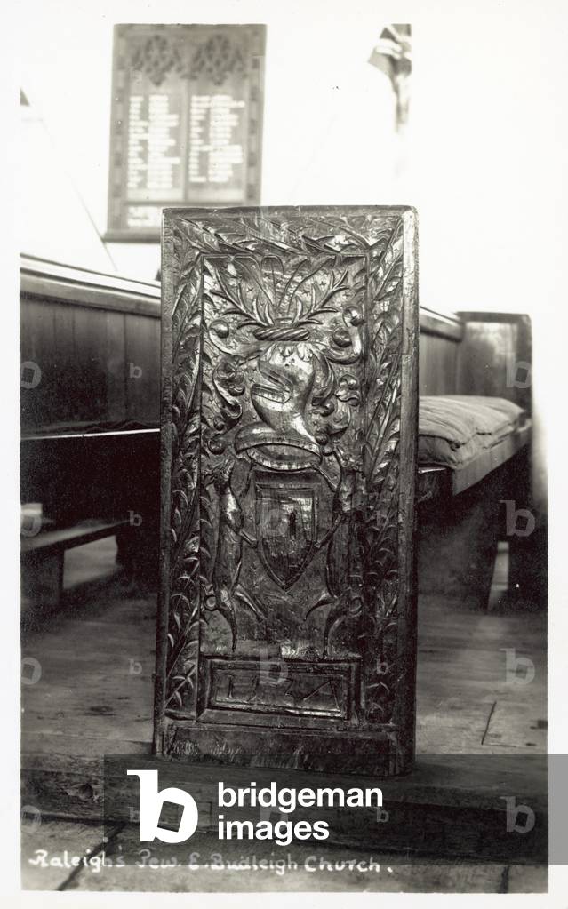 Sir Walter Raleigh, Pew, Budleigh Church (b/w photo)