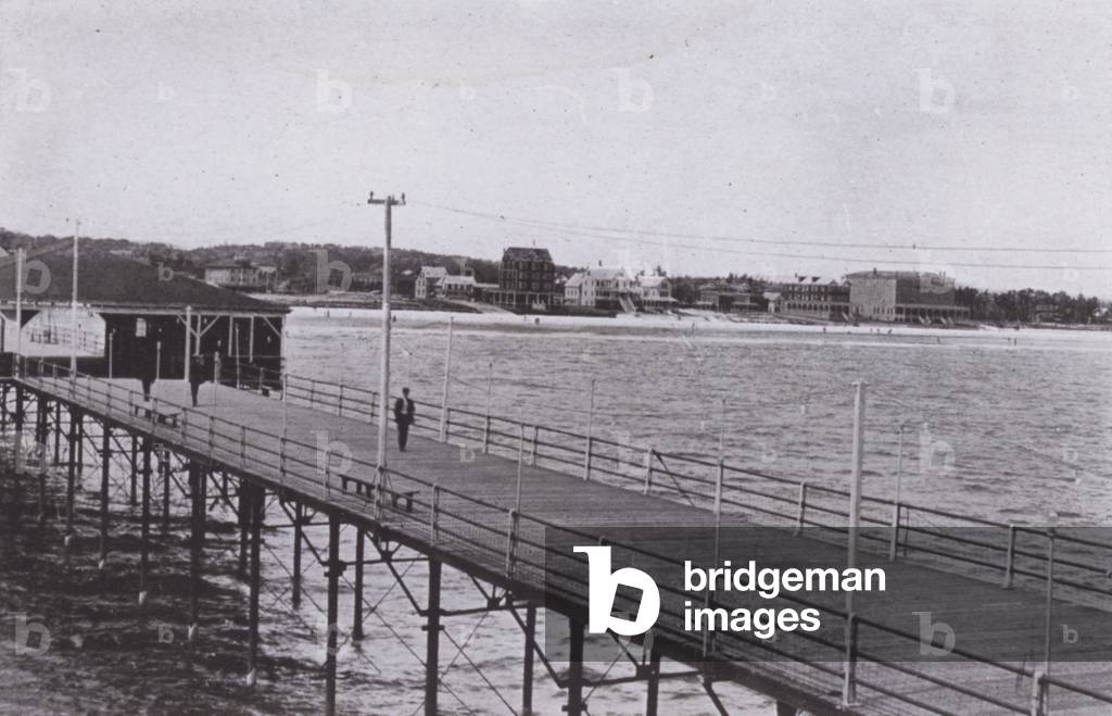 Old Orchard Beach, Maine: View from ocean pier (b/w photo)