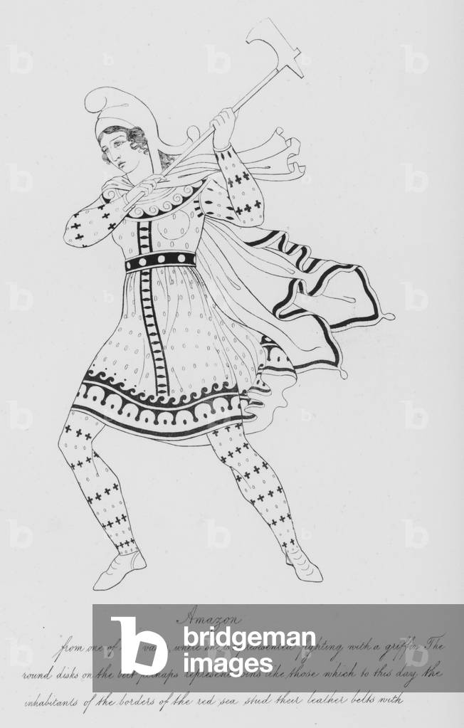 Amazon, from one of my vases, where she is represented fighting with a griffin (engraving)