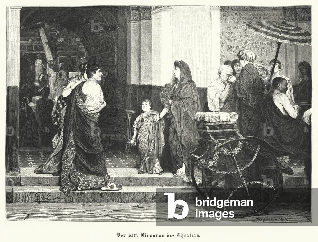 Outside the entrance to a Roman theatre (engraving)