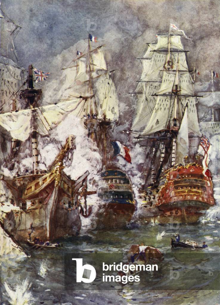 Battle of Trafalgar, 1805, the Redoutable receiving fire from the Victory and Temeraire (colour litho)