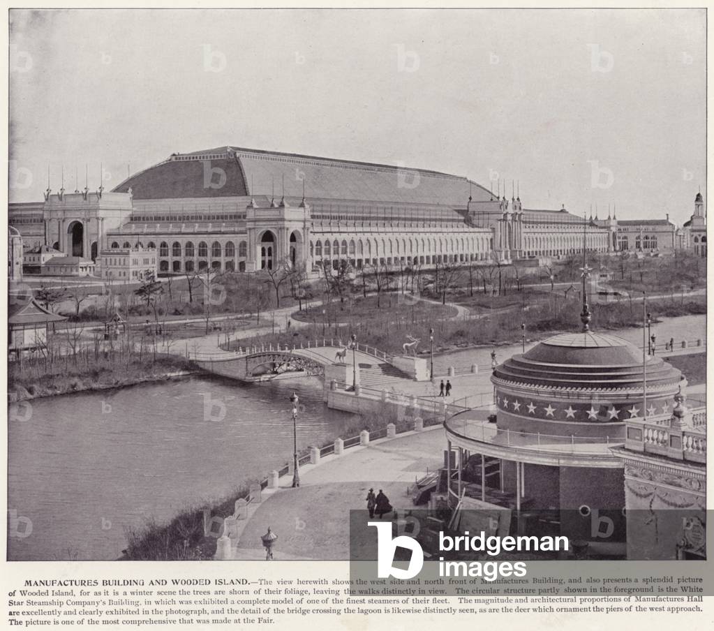 Chicago World's Fair, 1893: Manufactures Building and Wooded Island (b/w photo)