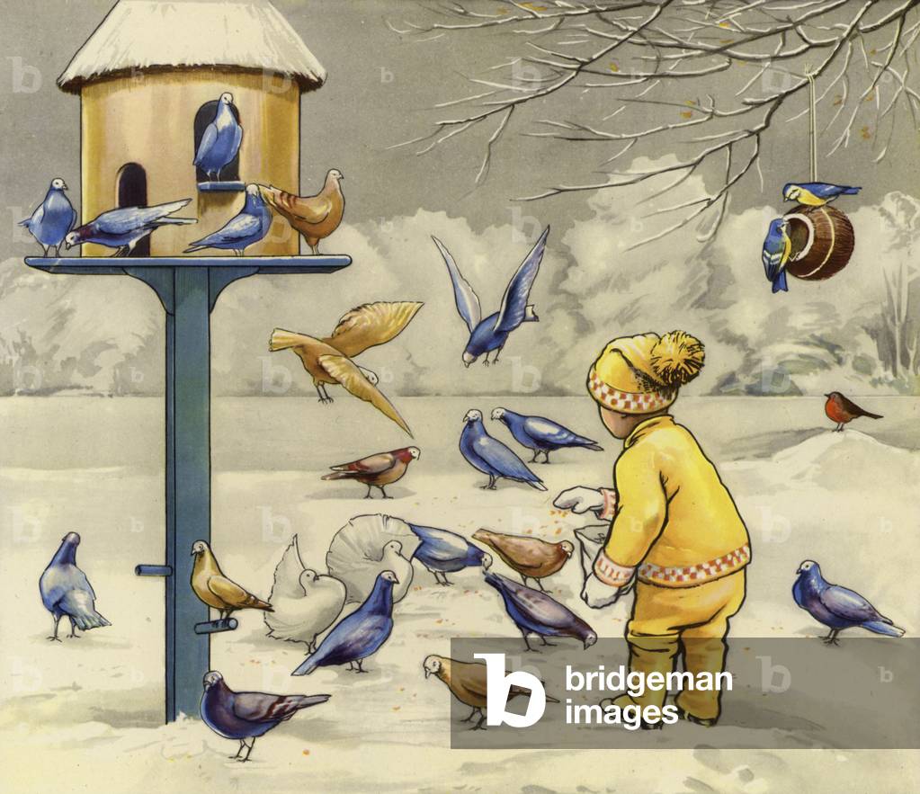 Child feeding birds in winter (colour litho)