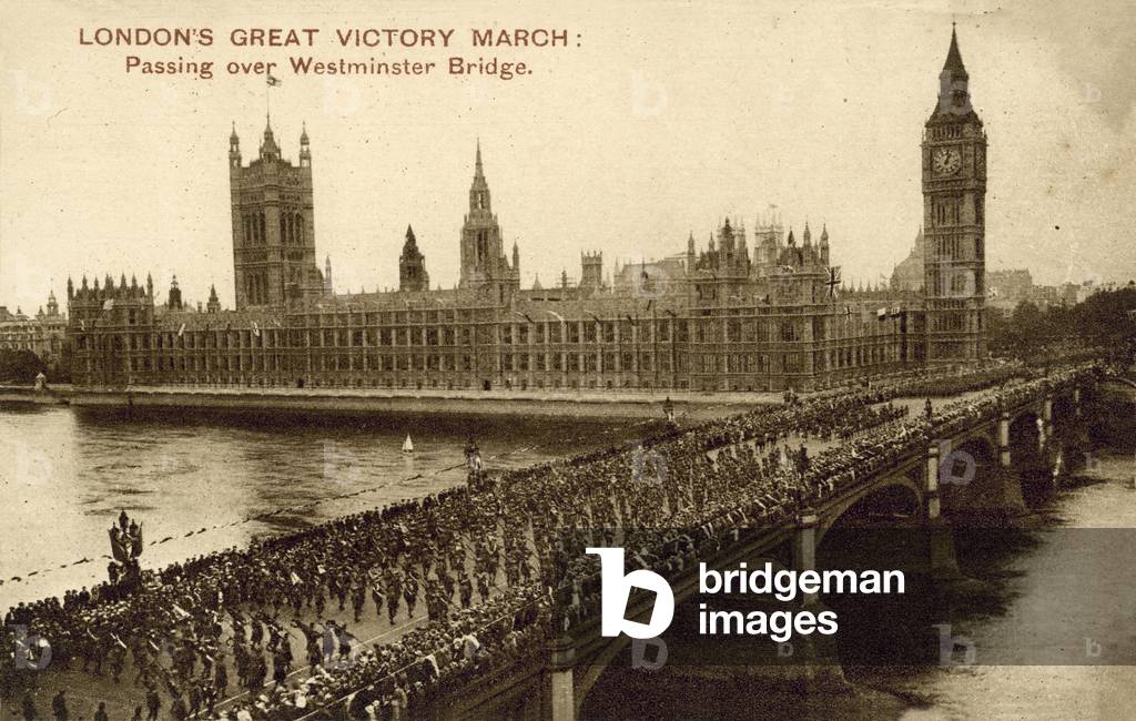 London's great Victory March: passing over Westminster Bridge, July 1919 (b/w photo)