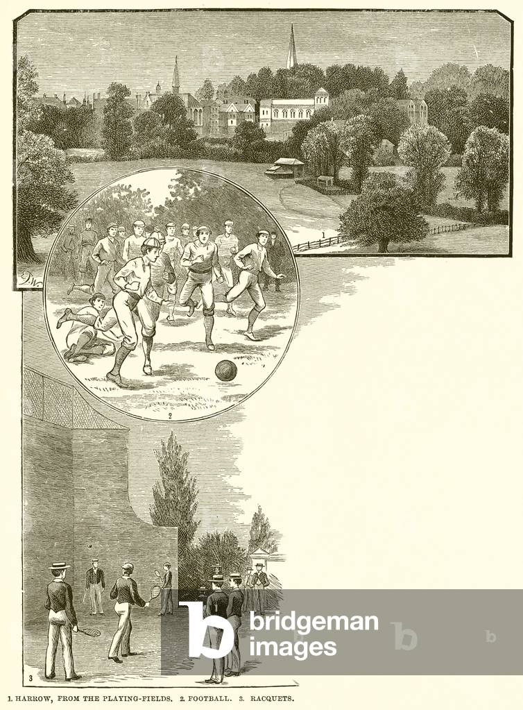 1. Harrow, from the Playing-Fields. 2. Football. 3. Racquets (engraving)