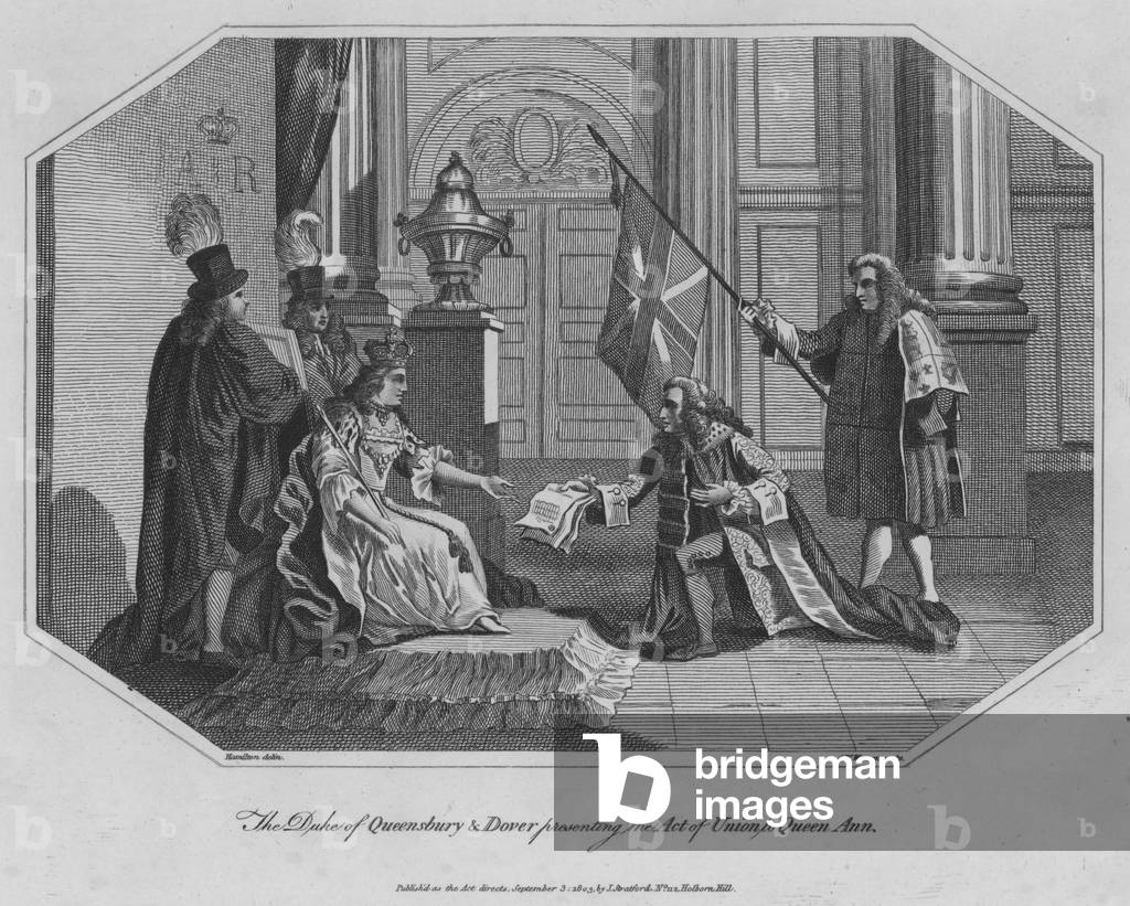 The Duke of Queensbury and Dover presenting the Act of Union to Queen Ann (engraving)
