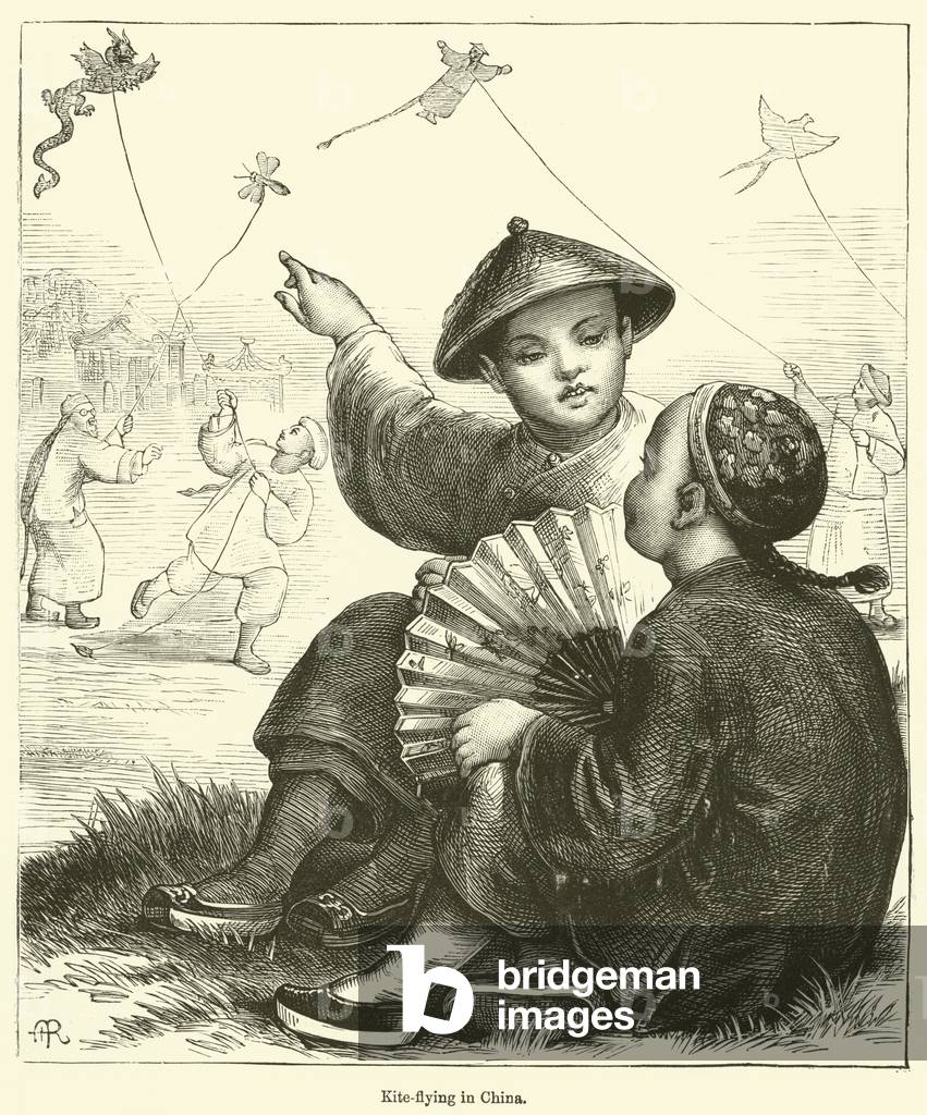 Kite-flying in China (engraving)