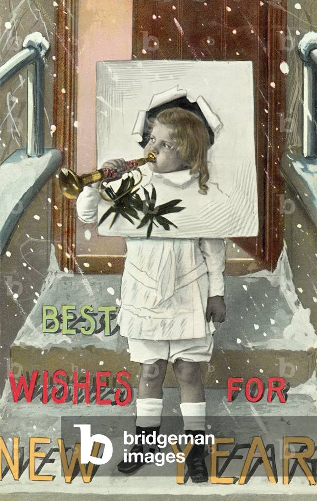 New Year's Card with little boy playing a trumpet (colour photo)