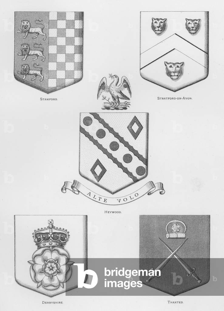Public arms: Stamford; Stratford-on-Avon; Heywood; Derbyshire; Thaxted (engraving)