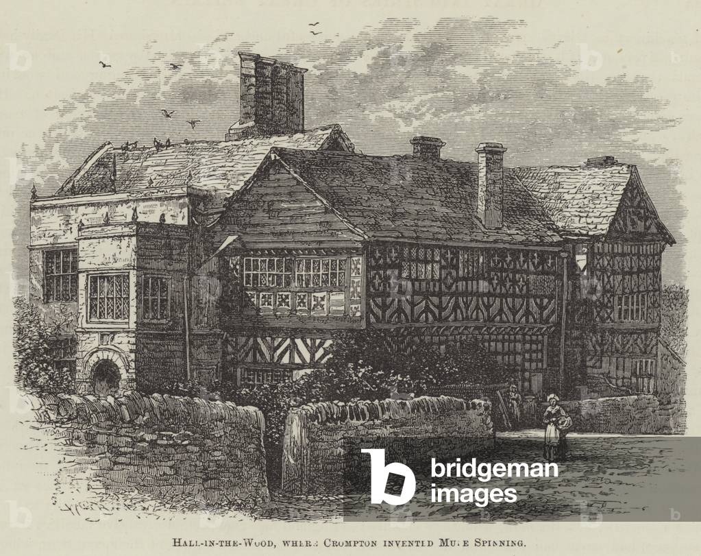 Hall-in-the-Wood, where Crompton invented Mule Spinning (engraving)