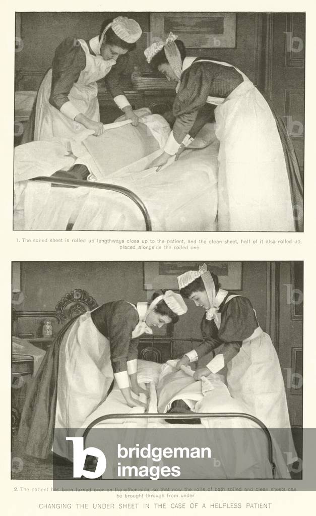 Changing the under sheet in the case of a helpless patient (black and white photograph)