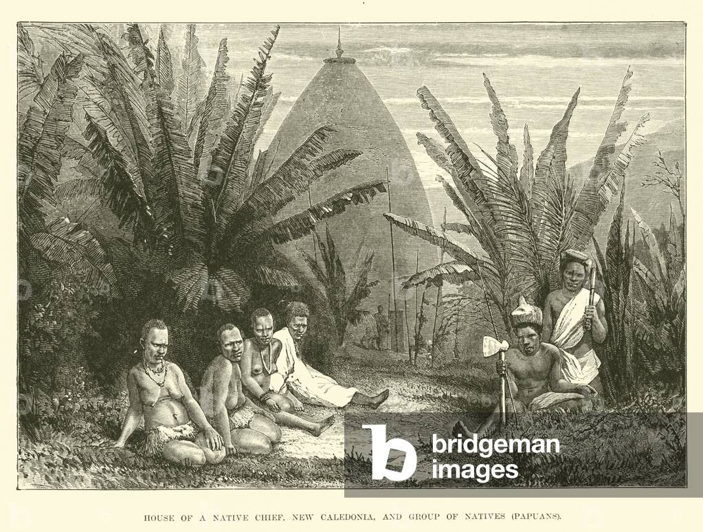 House of a Native chief, New Caledonia, and group of Natives, Papuans (engraving)