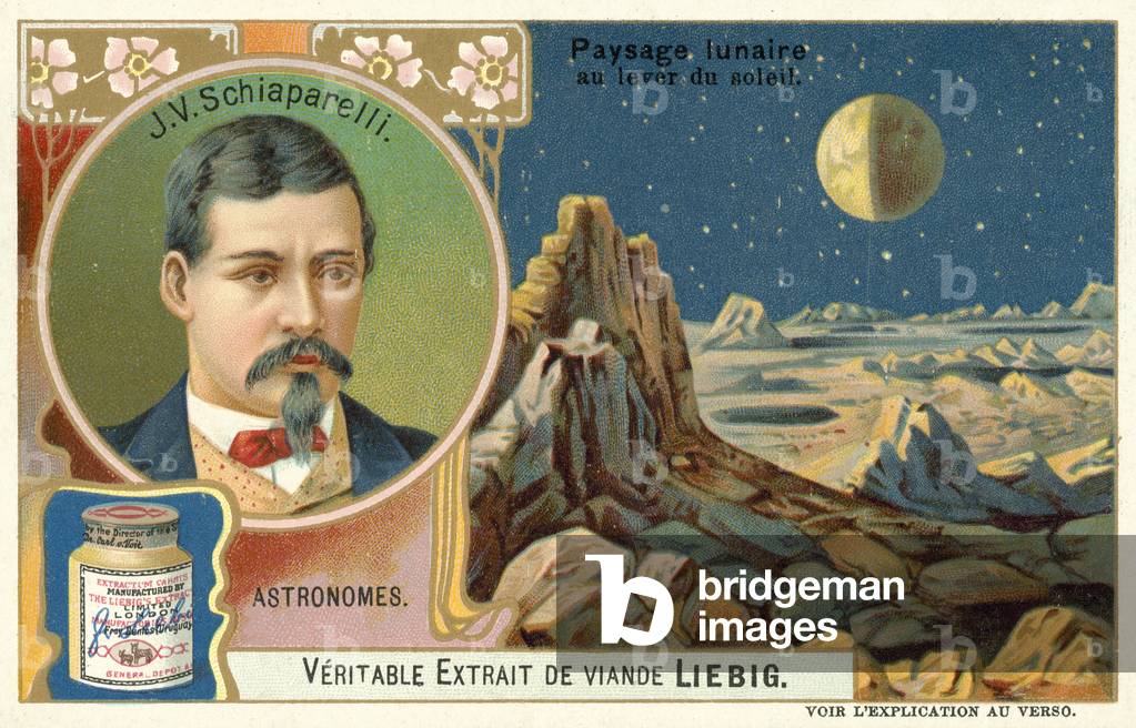 Giovanni Schiaparelli and the surface of the Moon at sunrise (chromolitho)