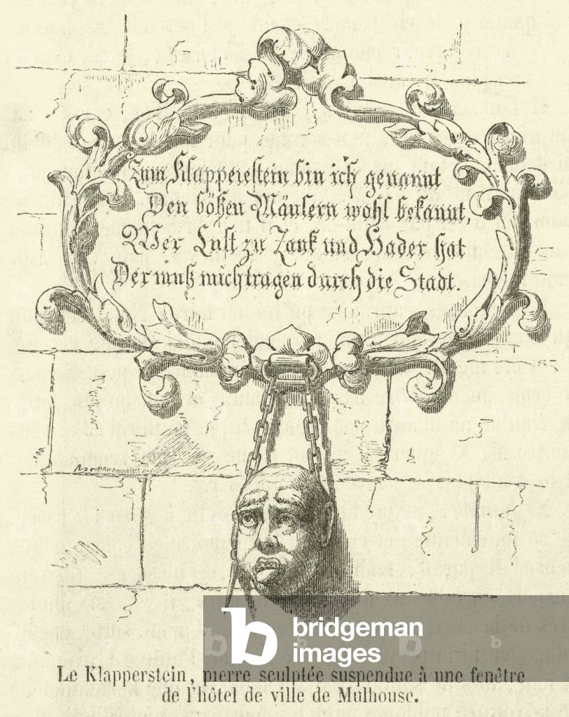 Le Klapperstein, pierre sculptee suspendue a une fenetre de l'hotel de ville de Mulhouse (engraving)