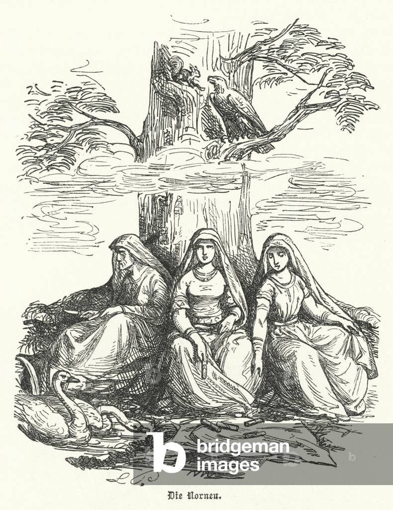 The Norns, female beings of Norse mythology (engraving)