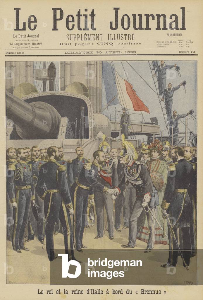 The King and Queen of Italy on board the French battleship Brennus (colour litho)