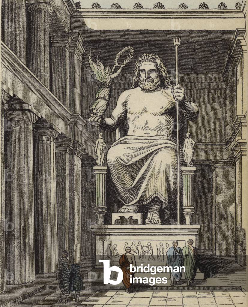 Statue of Zeus in the Ancient Greek temple at Olympia (coloured engraving)
