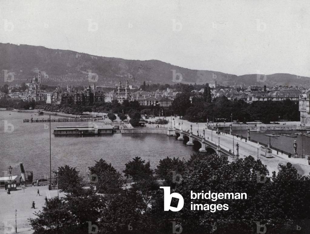 Zurich, Seebrucke, Alpenquai und Uetliberg (b/w photo)