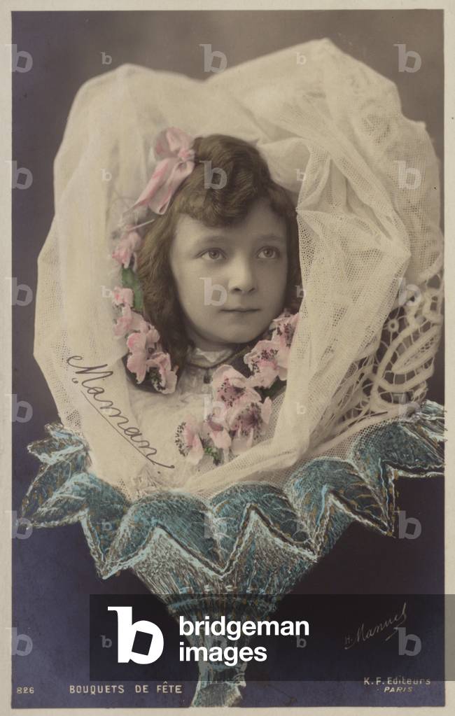 A young girl in a veil presented as a bouquet of flowers (tinted photocollage)