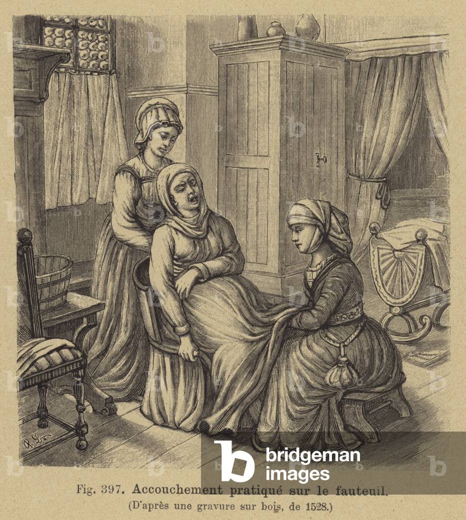 Delivering a baby with the mother sitting on a birthing chair, 16th Century (engraving)