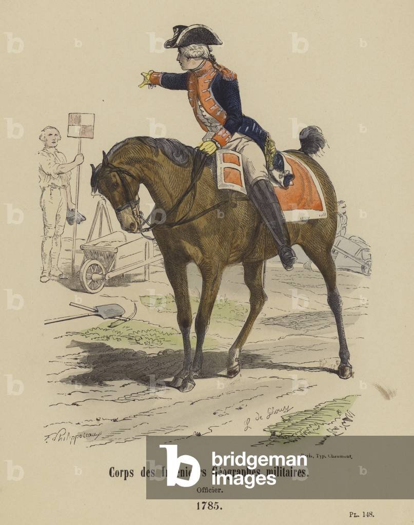 Corps des Ingenieurs Geographes militaires, Officier, 1785 (coloured engraving)