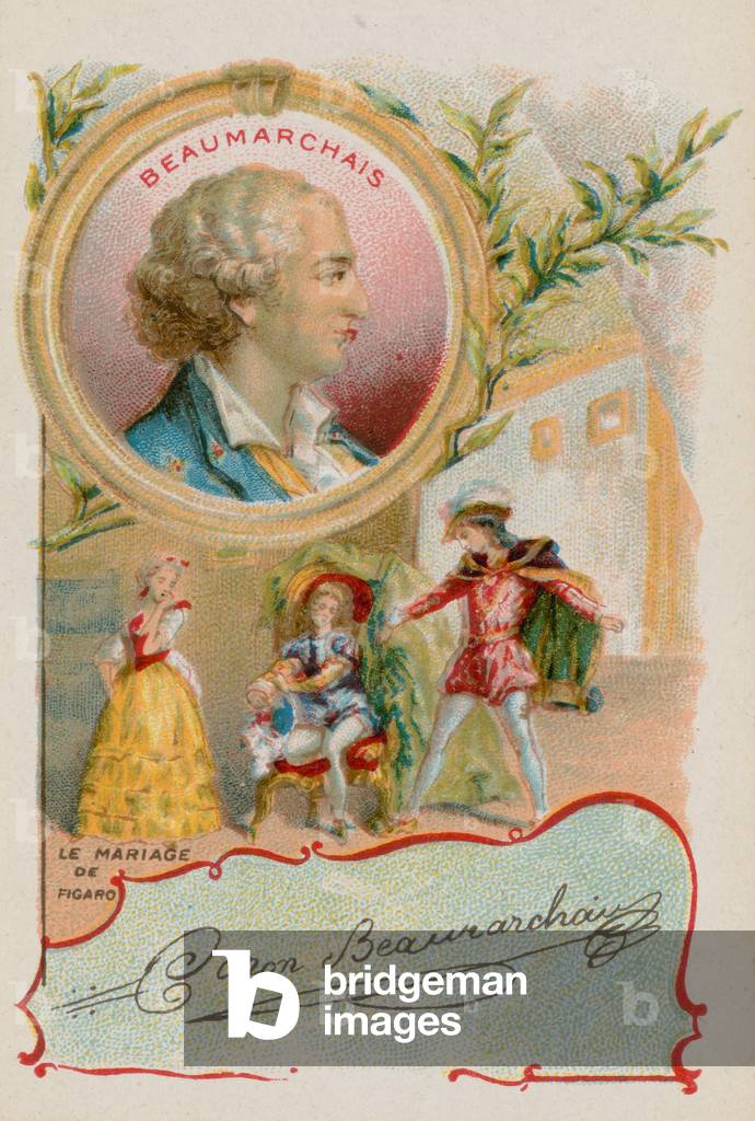 Playwright Pierre-Augustin Caron de Beaumarchais with a scene from the Marriage of Figaro (chromolitho)