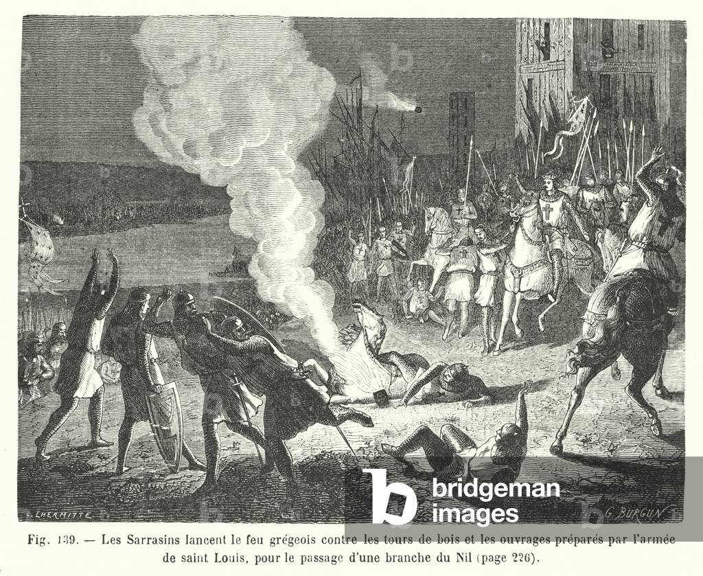The Saracens launched wildfire against the wooden towers (engraving)