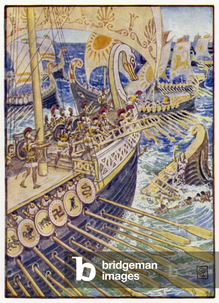 Ship dashed against ship, till the Persian dead strewed the deep 'like flowers' (colour litho)