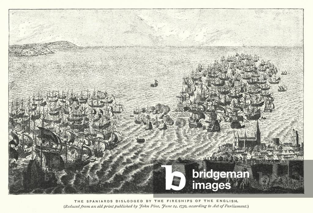 The Spaniards dislodged by the fireships of the English (engraving)