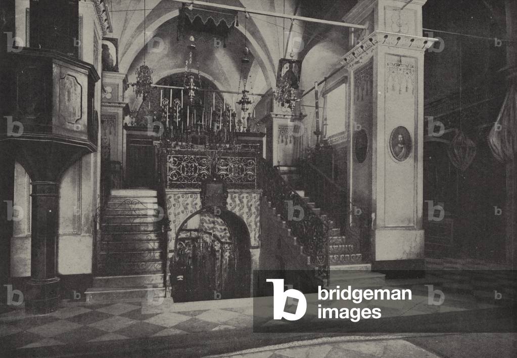 Interior Latin Church of Annunciation, Nazareth, standing over the site of the home of Joseph  (b/w photo)